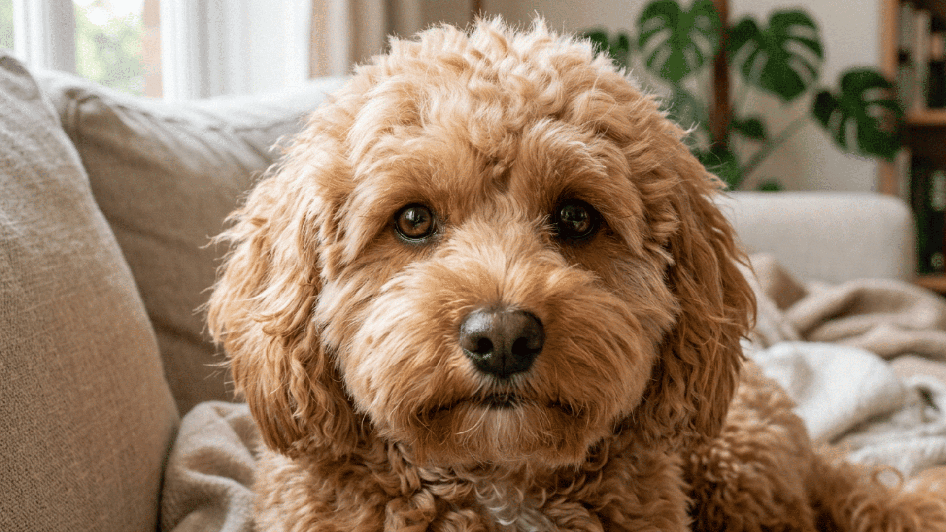 close-up of a cute, curly golden doodle dog resting comfortably on a beige couch