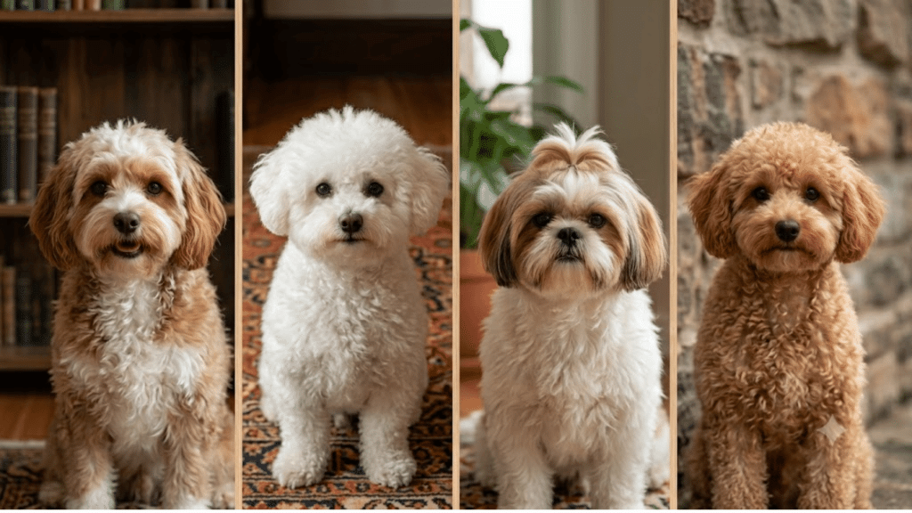 collage showing four fluffy teddy bear dogs sitting indoors in individual panels