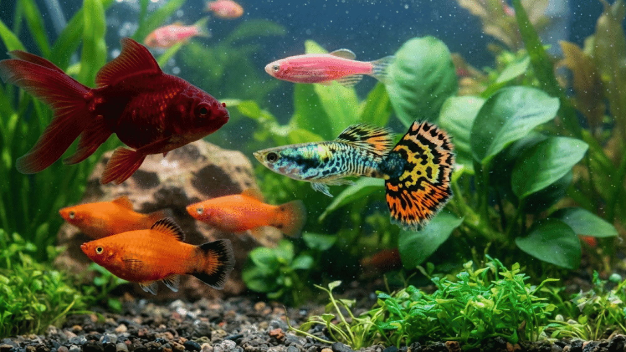 colorful aquarium fish swimming among green plants with red orange and patterned fish in a planted tank