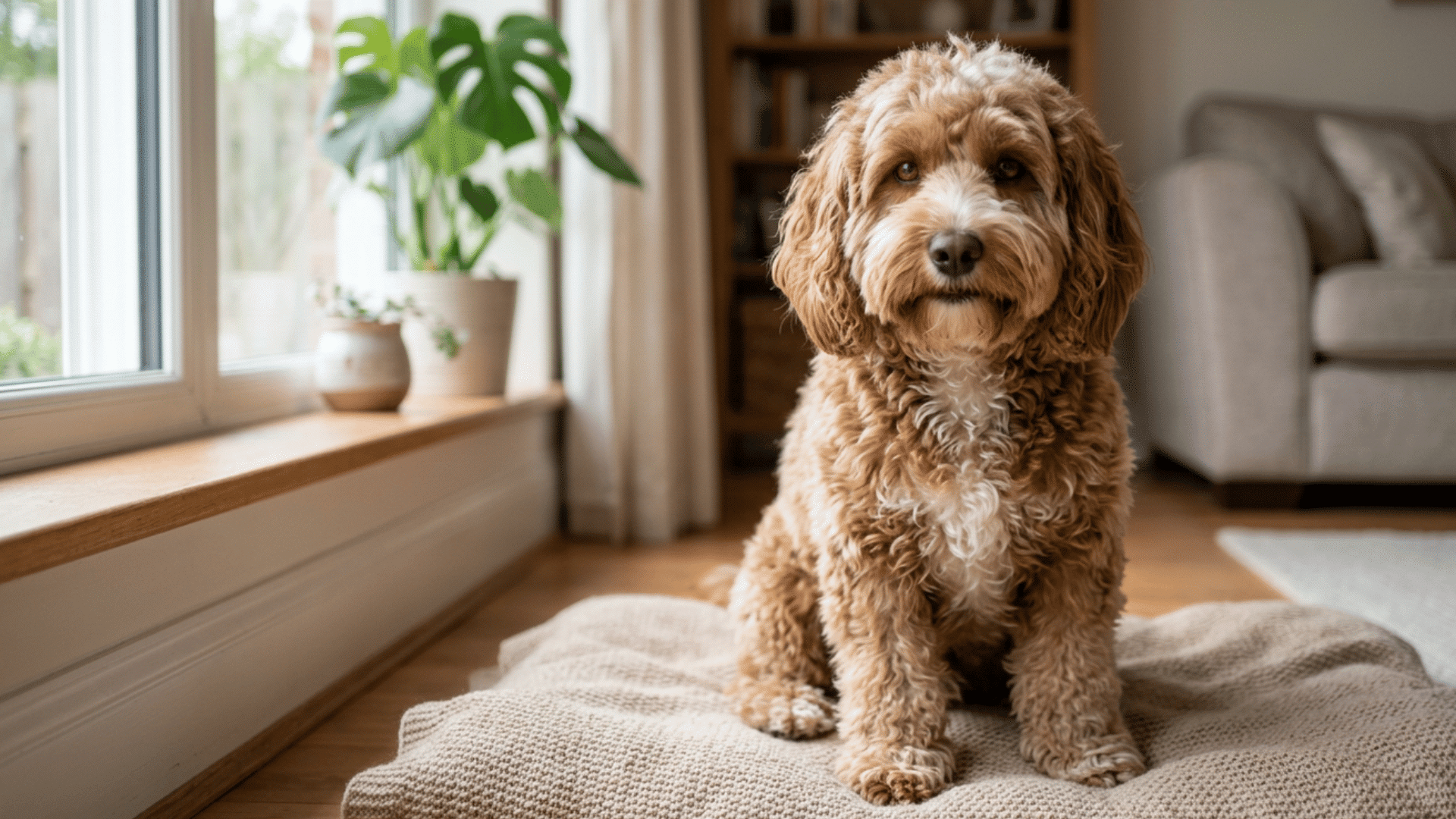curly brown doodle dog sitting on a knitted cushion near a sunlit window