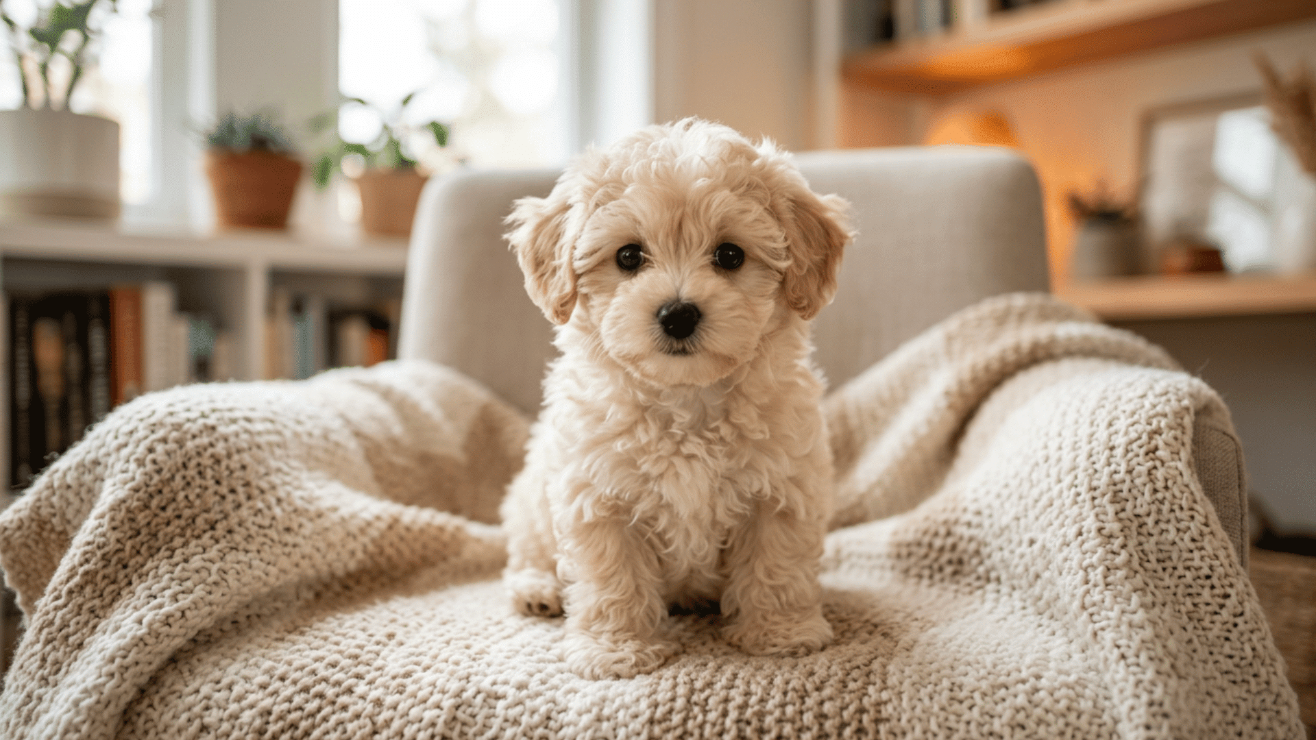 cute, fluffy cream puppy sitting on a beige knit blanket draped over an armchair
