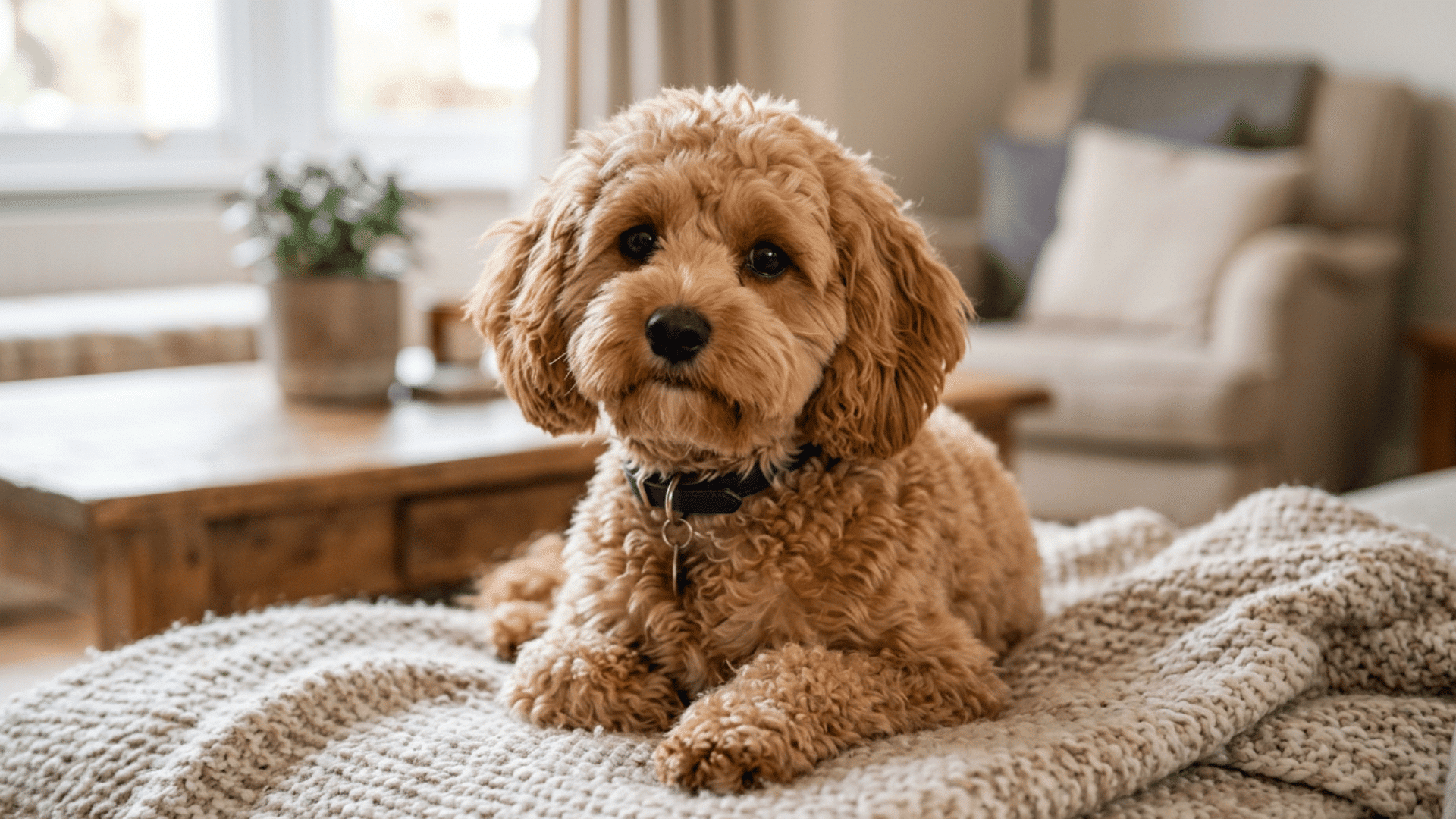 Cute fluffy dog relaxing on a soft blanket in a bright and comfortable indoor space