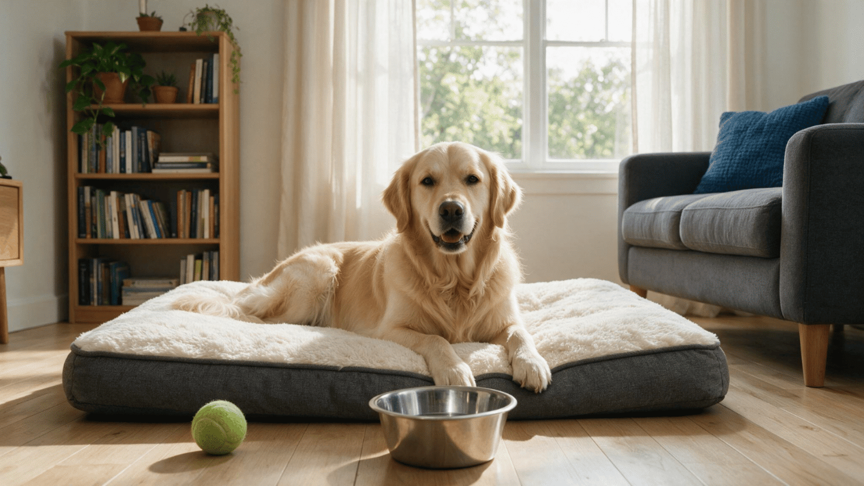 golden Retriever resting on a dog bed at home with a water bowl and tennis ball nearby