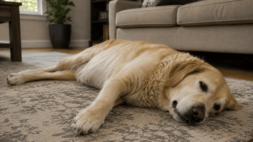 golden retriever lying weakly on a living room rug with a visibly swollen abdomen suggesting possible dog bloat symptom