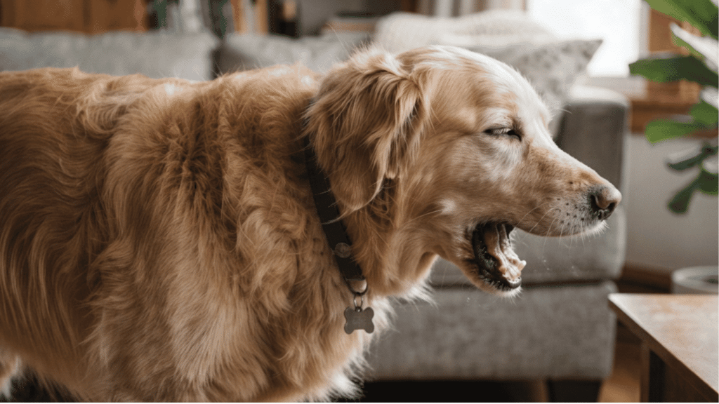 dog coughing with open mouth showing signs of respiratory discomfort and airway irritation in a home setting