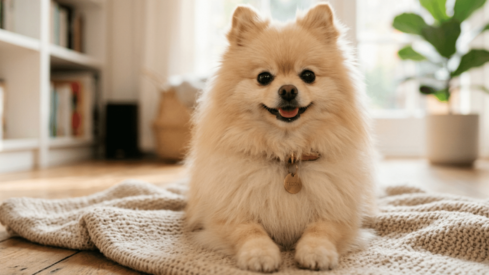 fluffy pomeranian dog sitting on a blanket indoors with a happy expression in a bright living room