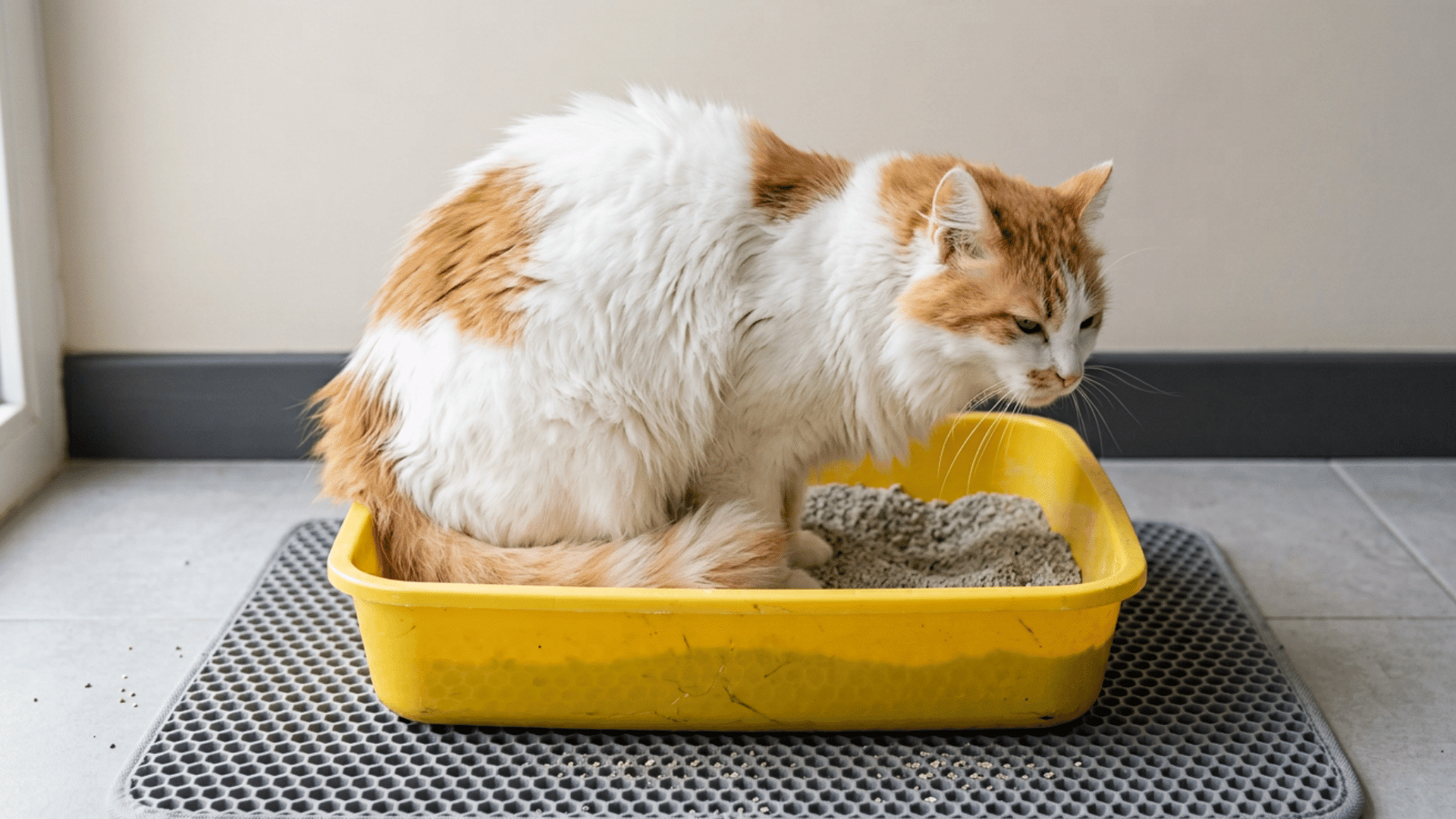 Fluffy white and orange cat sitting in a yellow litter box indoors.