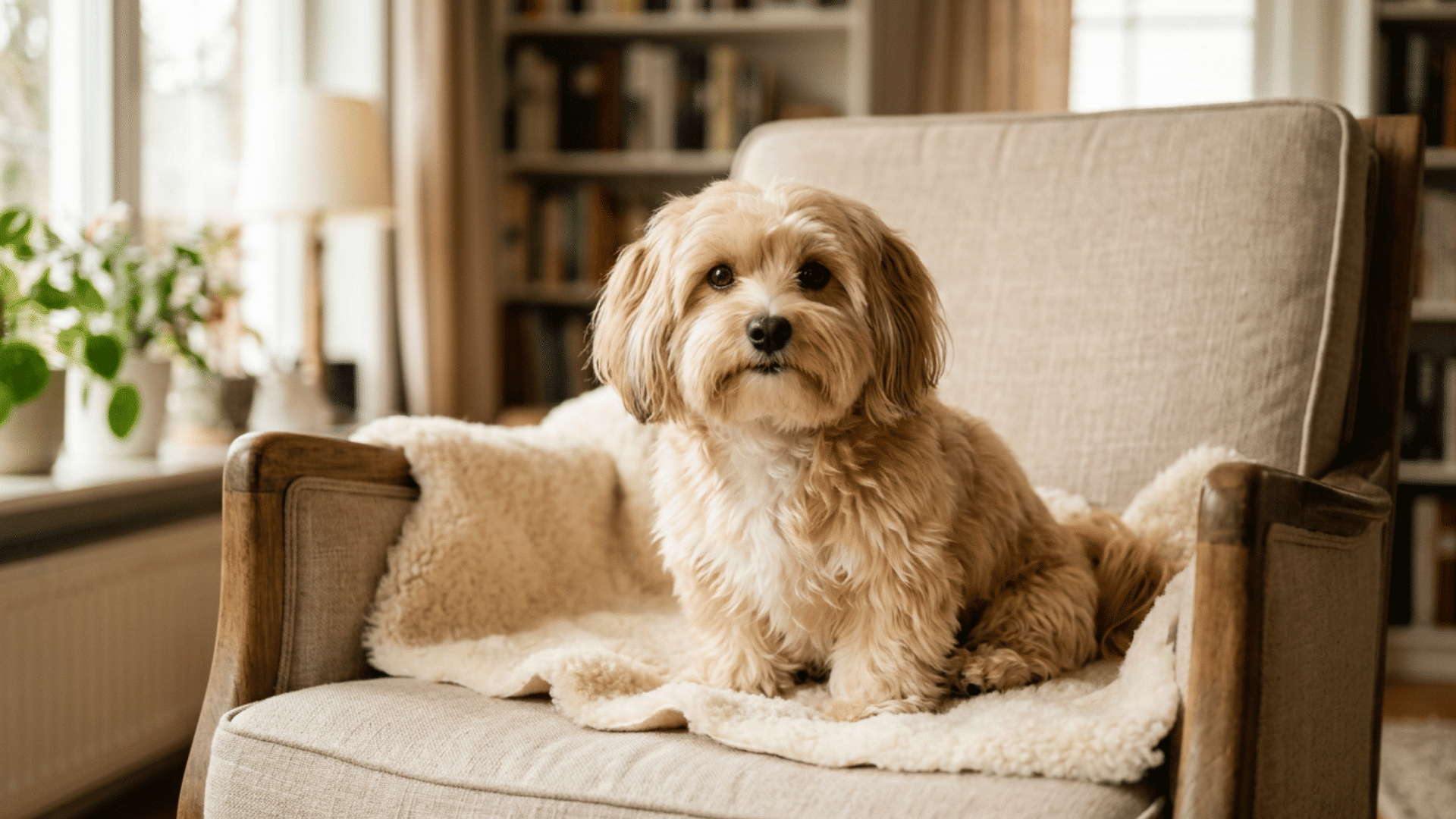 Fluffy cream-colored dog sitting on a chair at home.