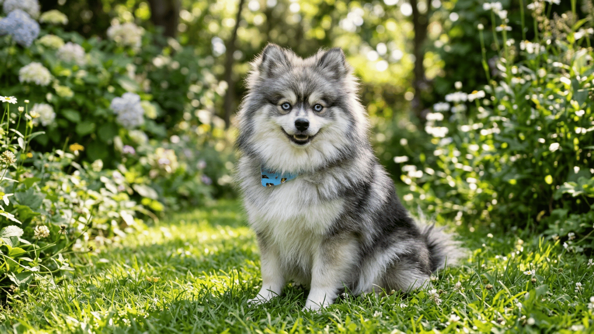 fluffy gray and white Pomsky dog sitting on lush grass in a green garden.