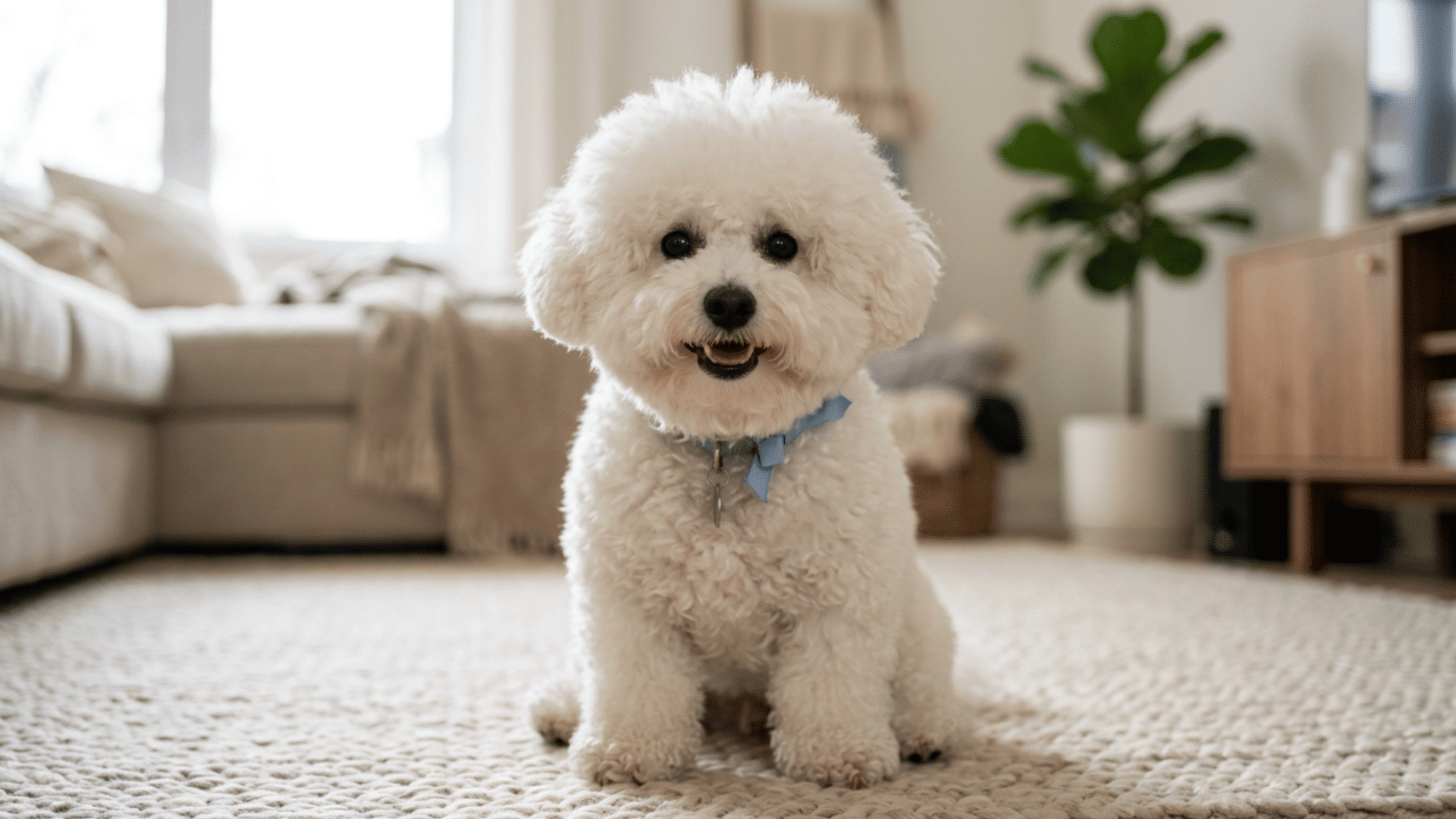 fluffy white Bichon Frise wearing a blue ribbon, sitting on a living room rug