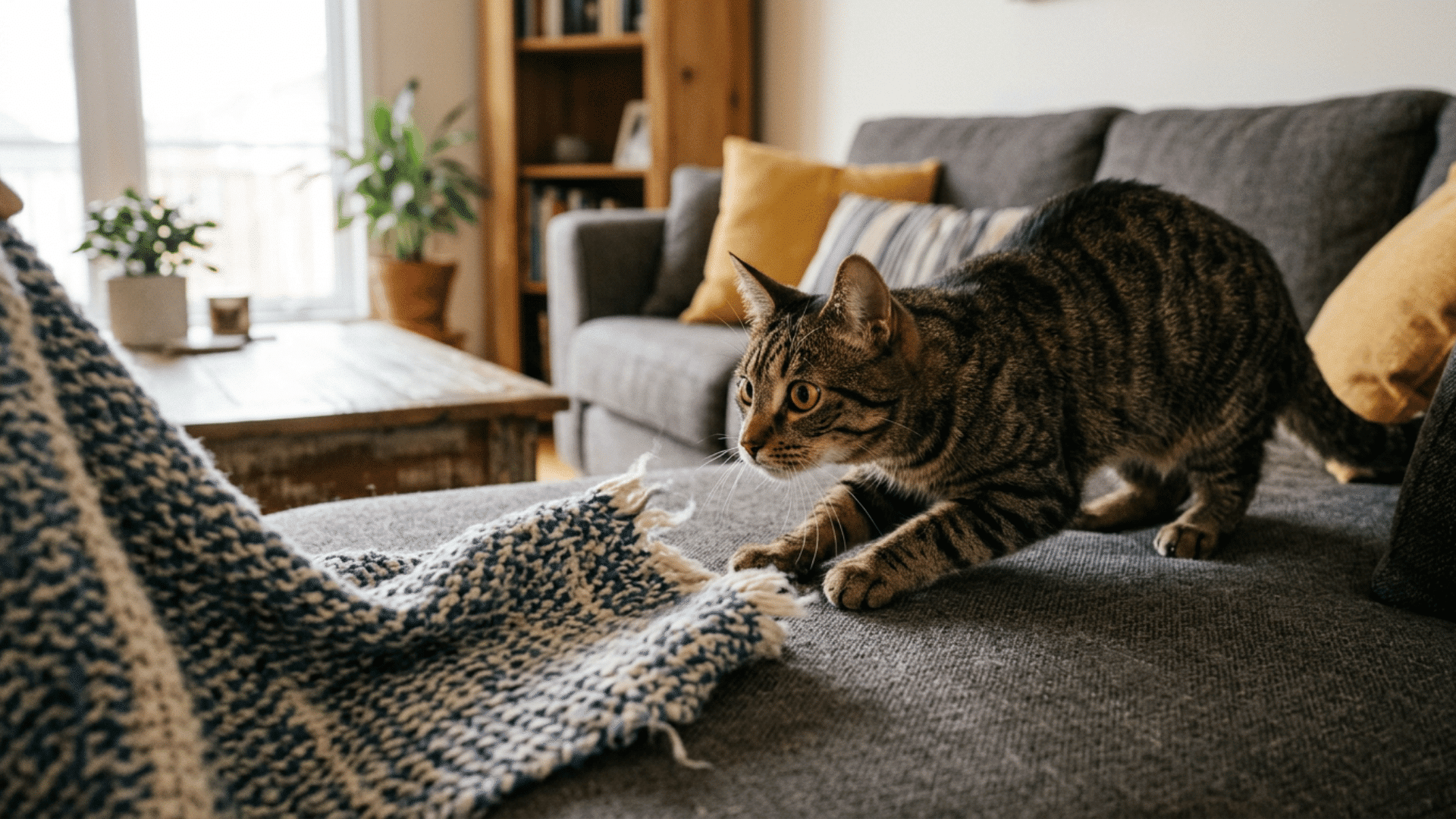 focused cat watches a moving blanket edge that activates its natural hunting behavior