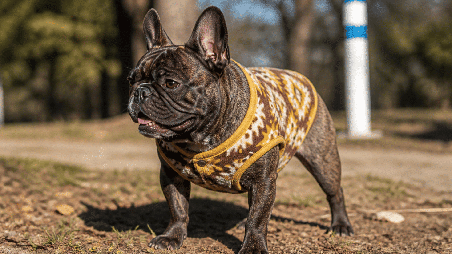 french bulldog wearing a patterned sweater standing outdoors in a park with trees and sunlight in backgroun