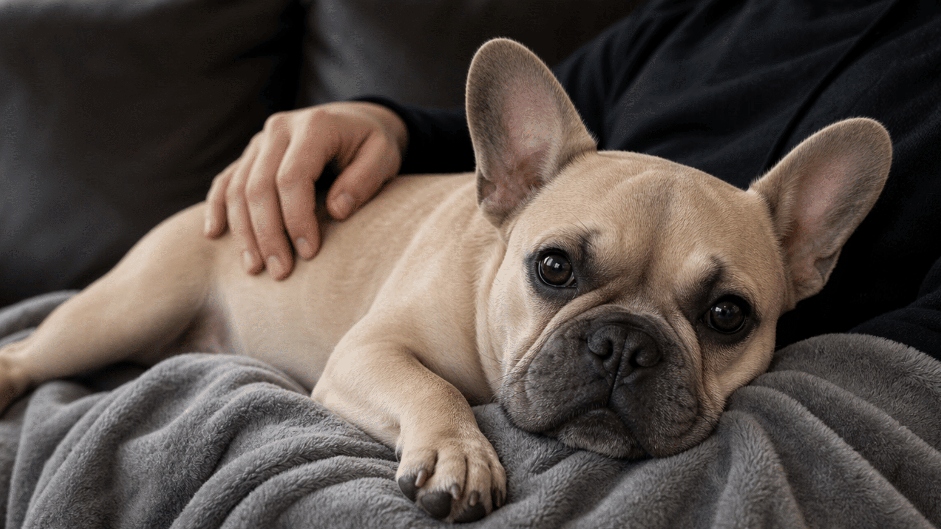 french bulldog with ivdd resting on a gray blanket while a person gently supports its back