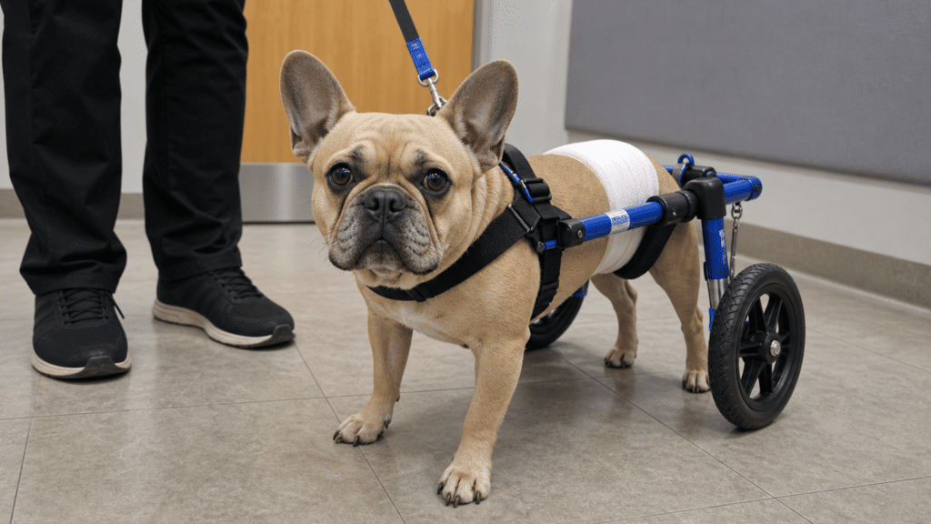 french bulldog with ivdd using a wheelchair support device during rehabilitation at a veterinary clinic
