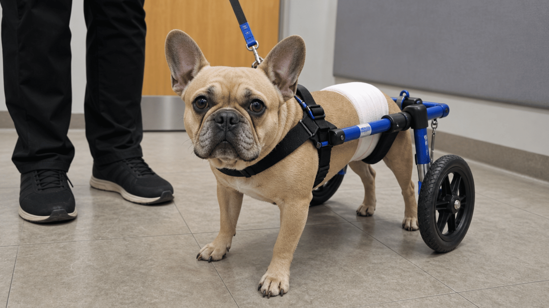 french bulldog with ivdd using a wheelchair support device during rehabilitation at a veterinary clinic