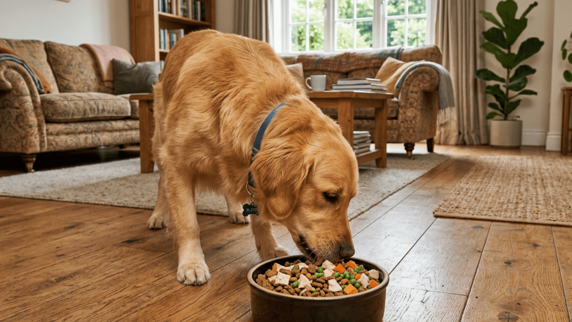 golden retriever eating from a bowl of dry dog food on a wooden floor in a bright cosy living room with large windows