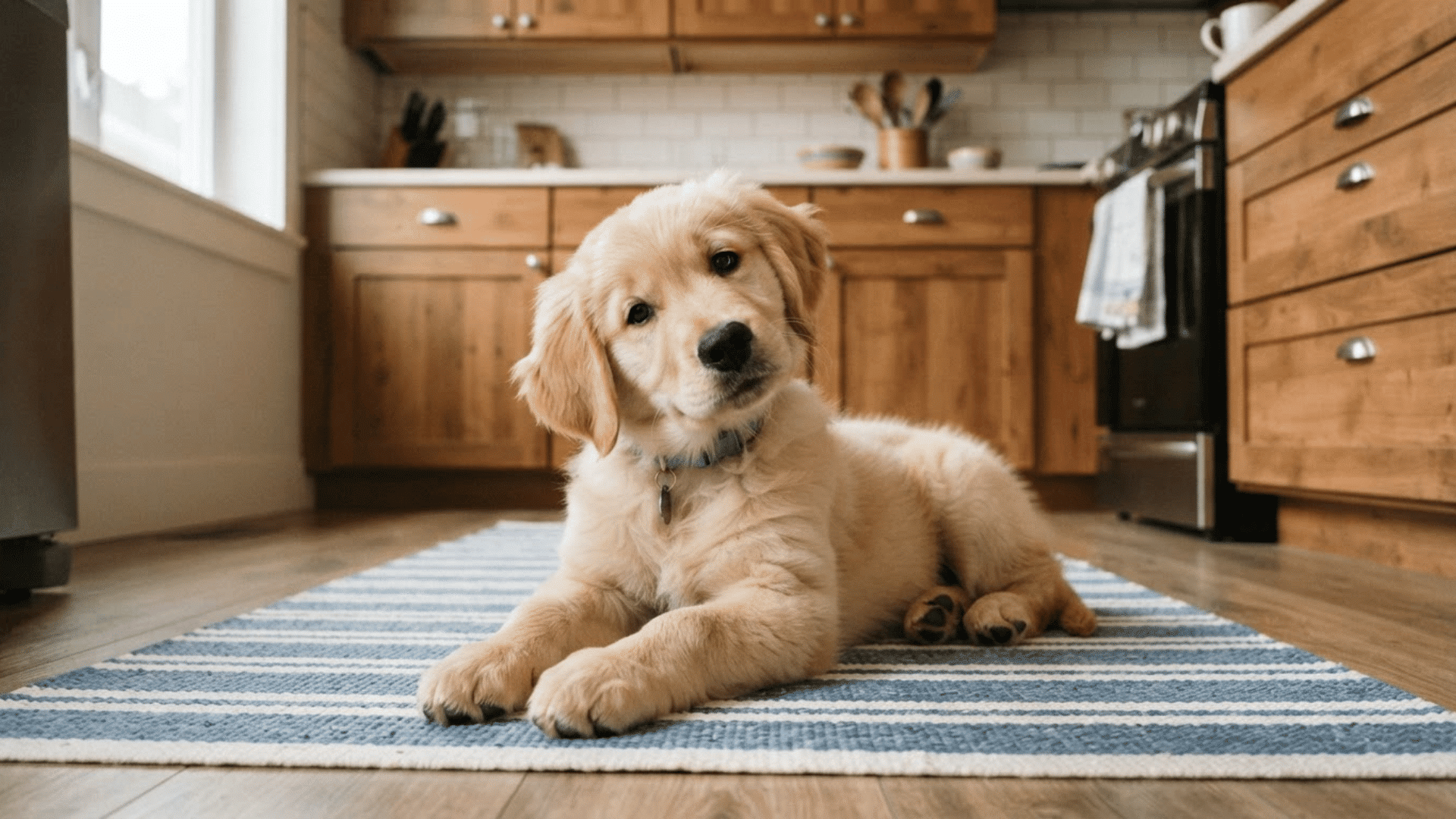 golden retriever puppy lying on a striped rug in a kitchen with wooden cabinets and a cozy indoor setting
