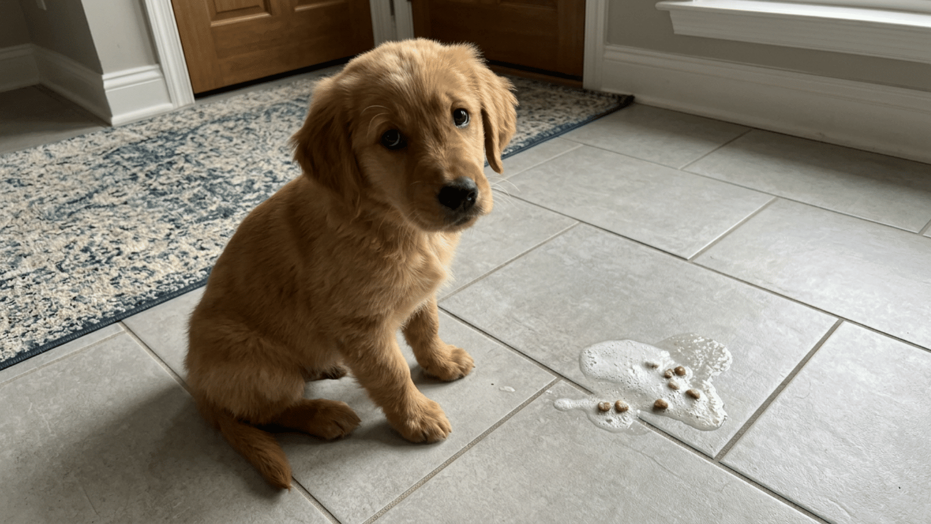 golden retriever puppy sitting on tiled floor beside white foamy vomit indoors