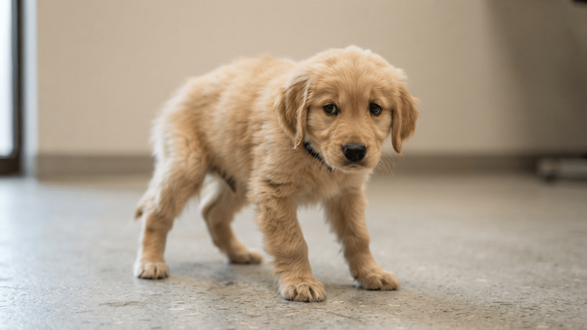 golden retriever puppy standing indoors showing body tremors associated with shaking puppy syndrome