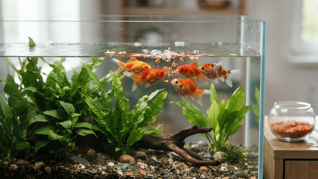 Goldfish eating floating flakes in a clean planted aquarium with a small bowl of fish food beside the tank.
