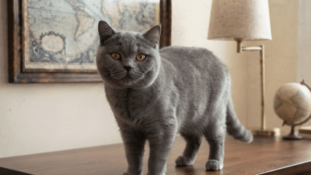 gray cat standing on a wooden cabinet indoors with a map wall decor lamp and globe in a cozy home setting