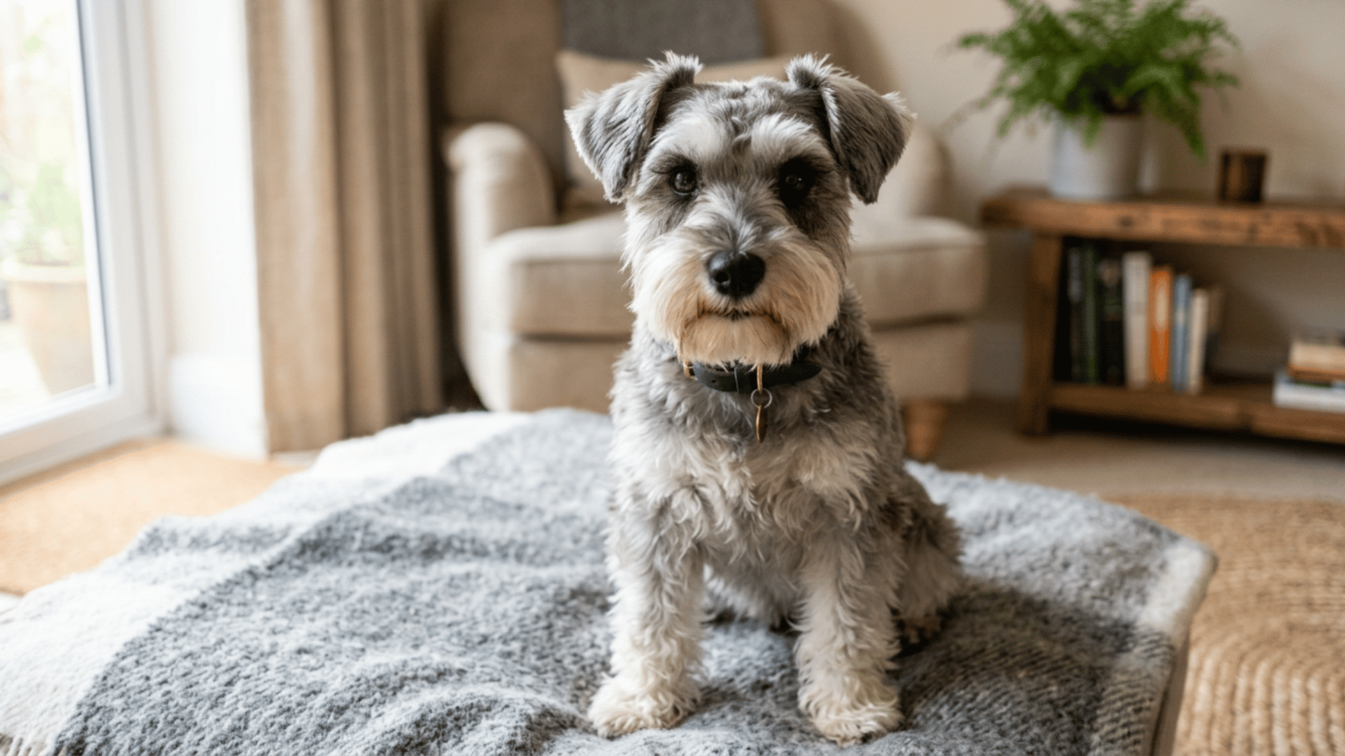 gray Miniature Schnauzer sitting attentively on a grey cushioned ottoman