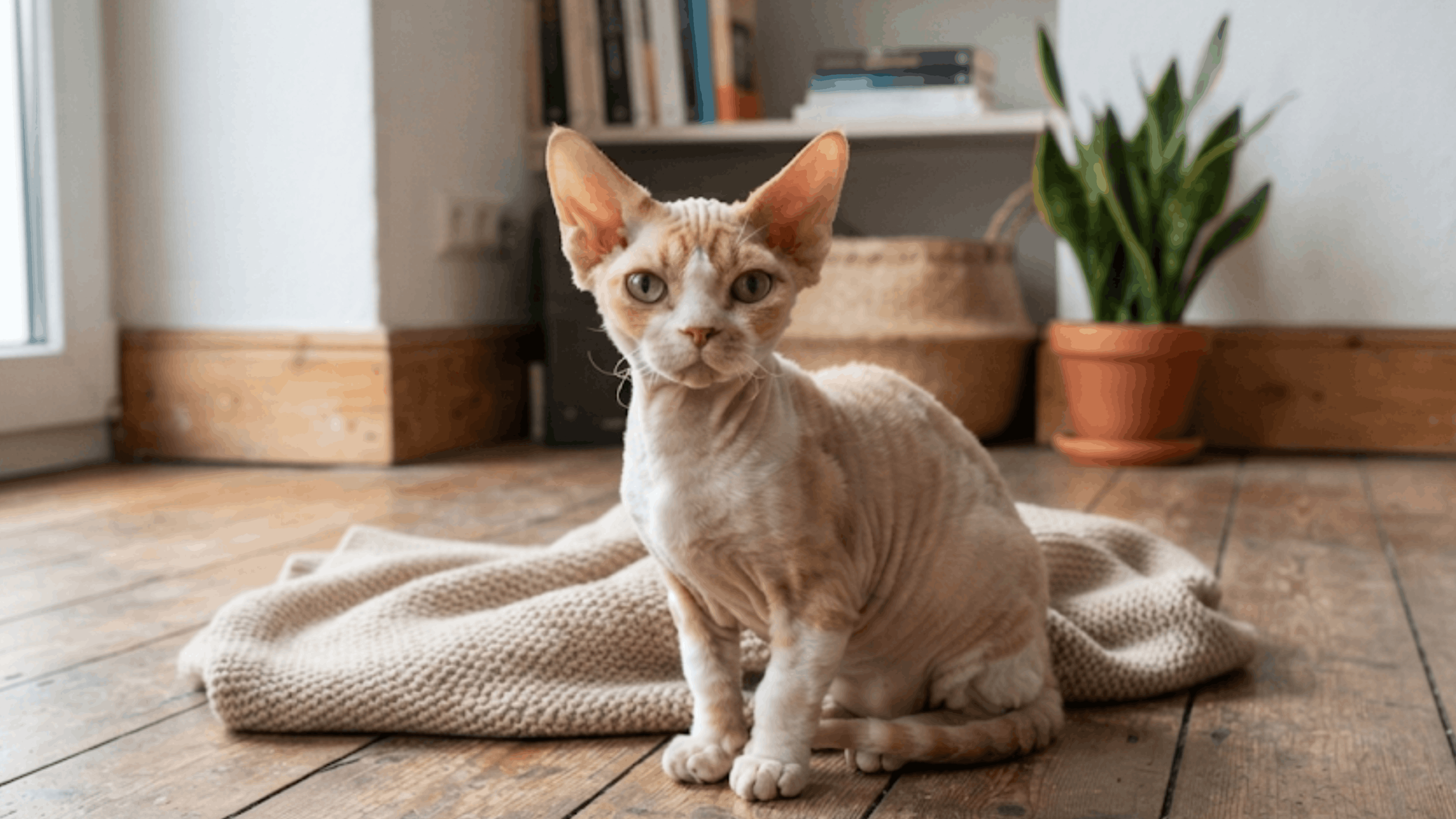 hairless cat sitting on blanket in cozy room with wooden floor plants and natural lighting indoors