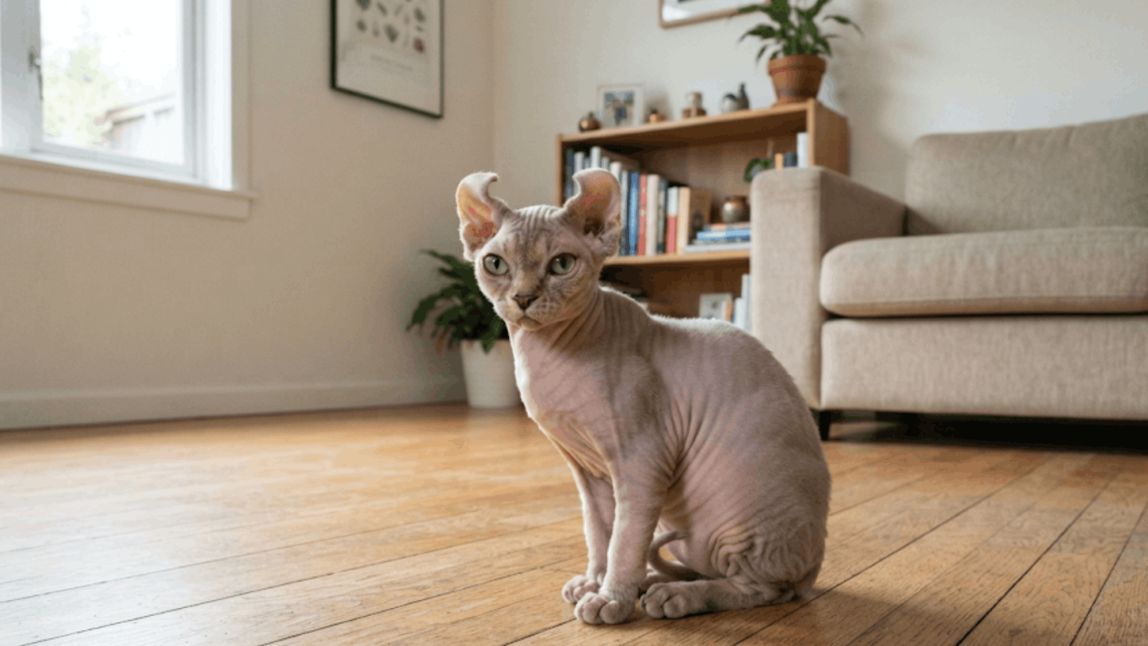hairless sphynx cat sitting on wooden floor in living room with sofa bookshelf plants and natural lighting