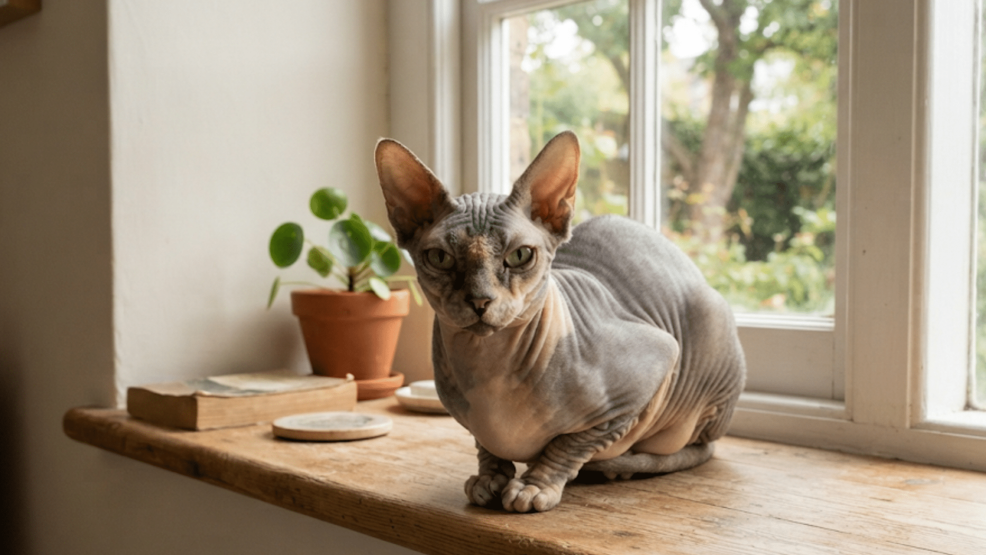 hairless sphynx cat sitting on wooden windowsill with plants books and natural light in a cozy indoor space