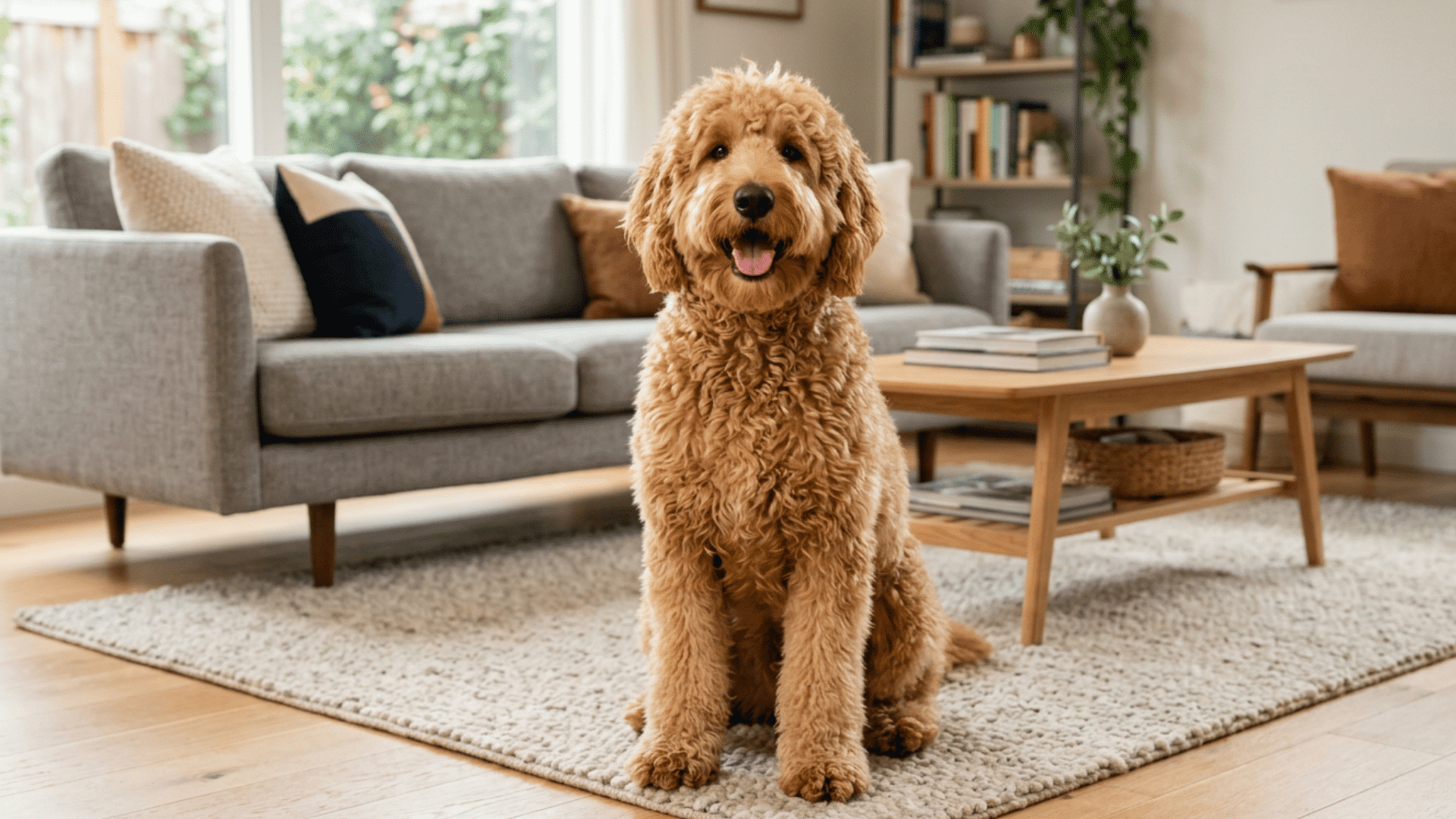 happy golden Goldendoodle dog sitting on a rug in a modern, cozy living room.