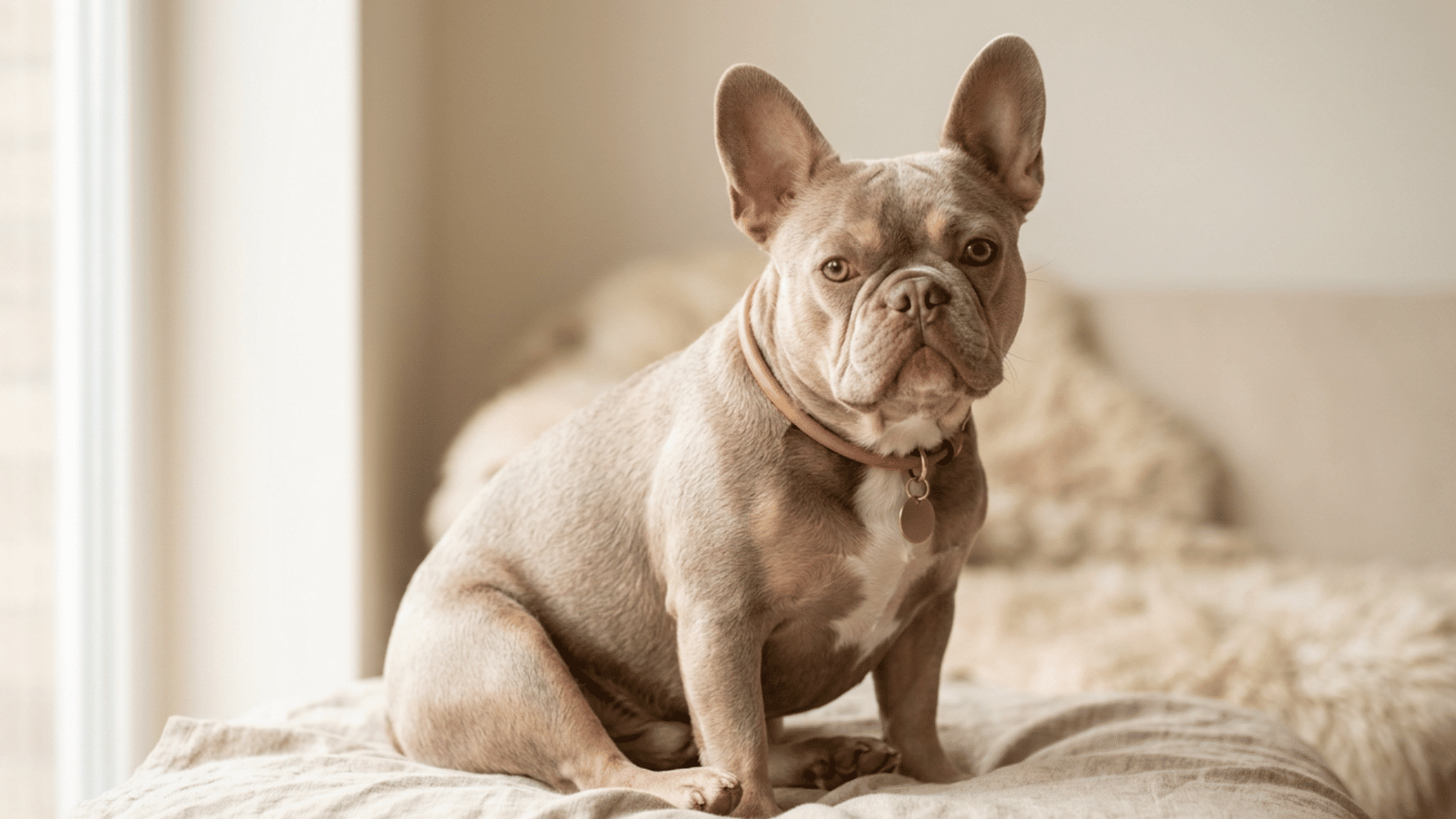 isabella French Bulldog sitting on a bed in a cozy room with soft natural light
