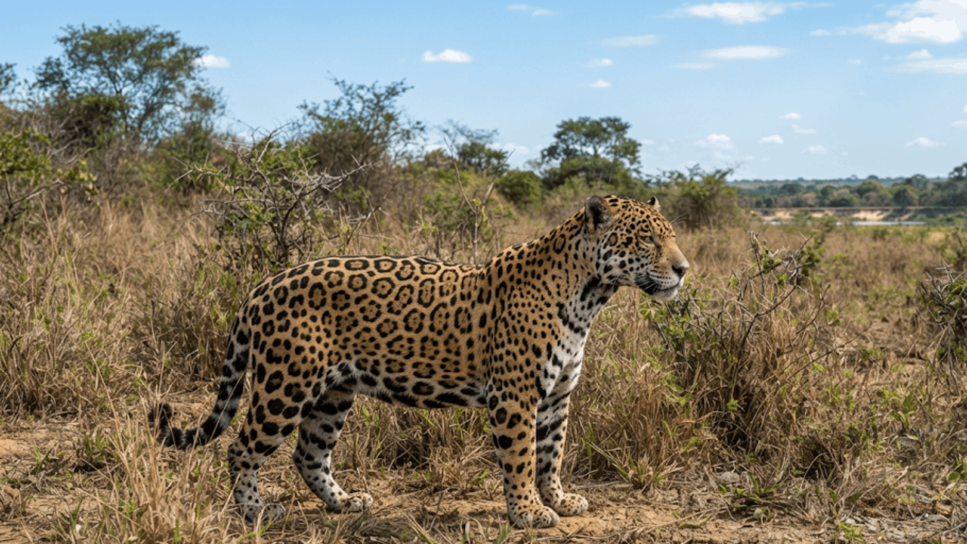 jaguar standing in open grassland with spotted coat surrounded by dry vegetation under a bright blue sky