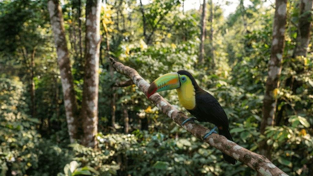 keel billed toucan perched on a tree branch in a lush tropical rainforest with a colorful beak and green forest backdrop