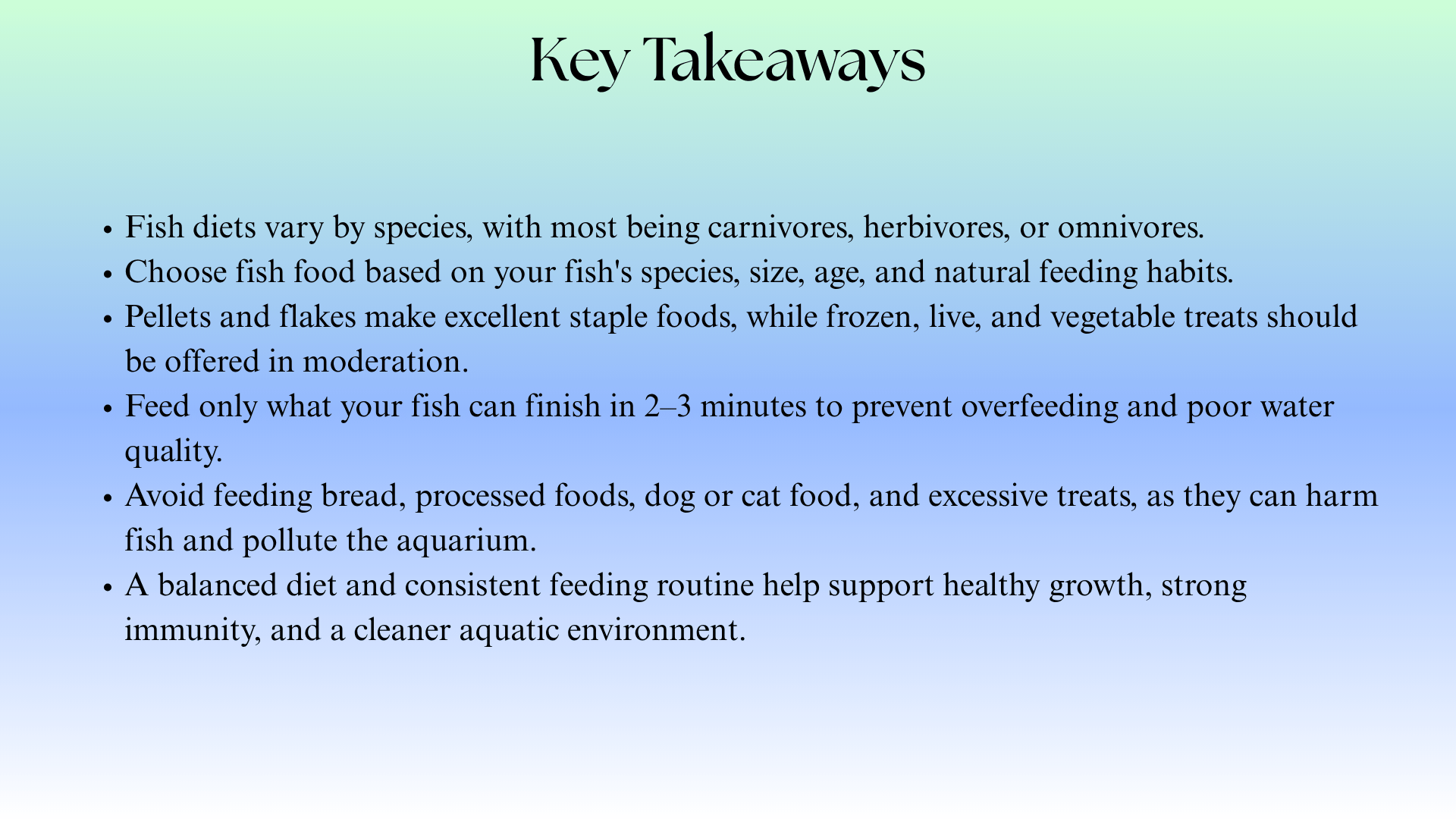 key takeaways on choosing fish food feeding portions avoiding unsafe foods and supporting healthy aquarium fish
