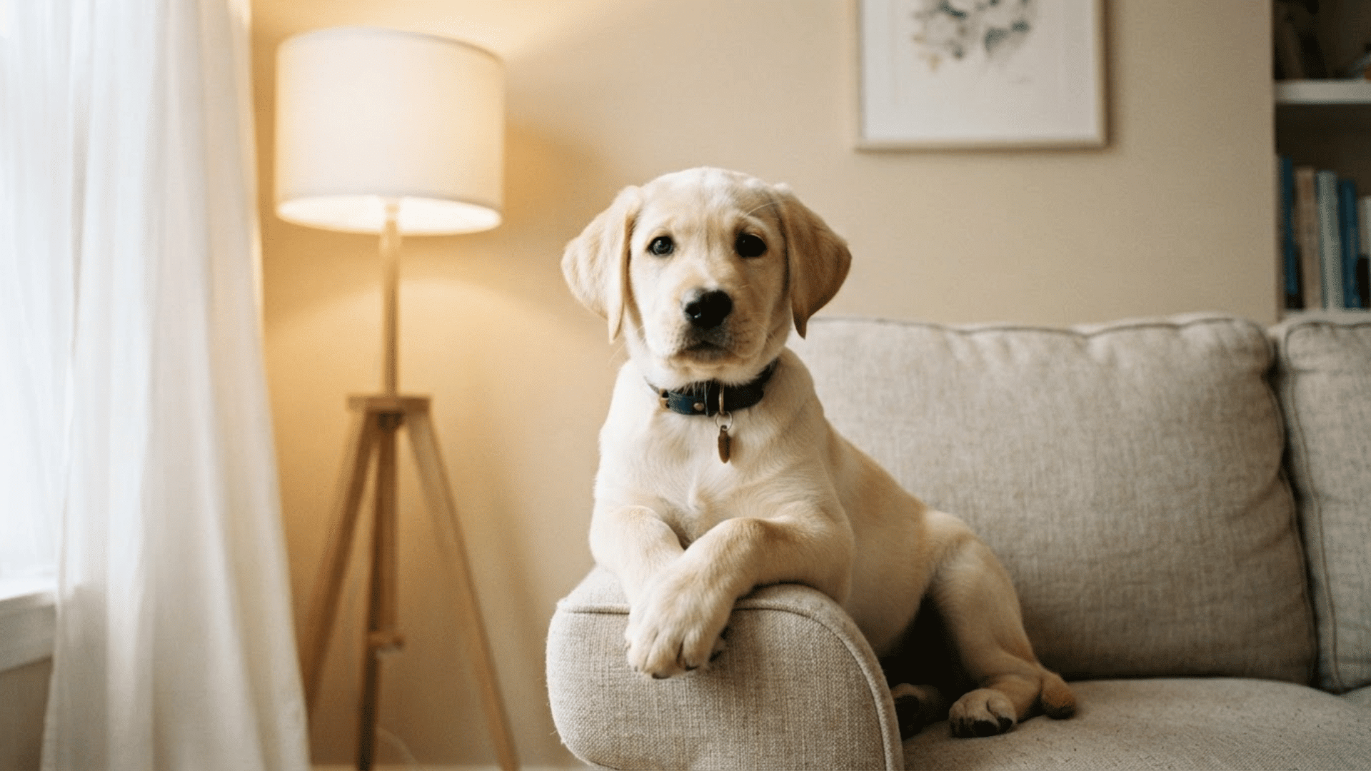 labrador retriever puppy sitting on a sofa in a cozy living room with warm lighting and home decor background