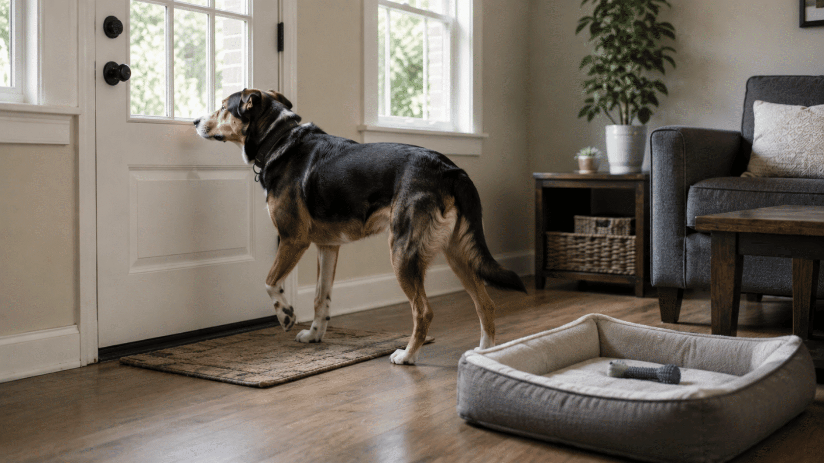 dog waiting by the front door at home with a clean dog bed and chew toy nearby.