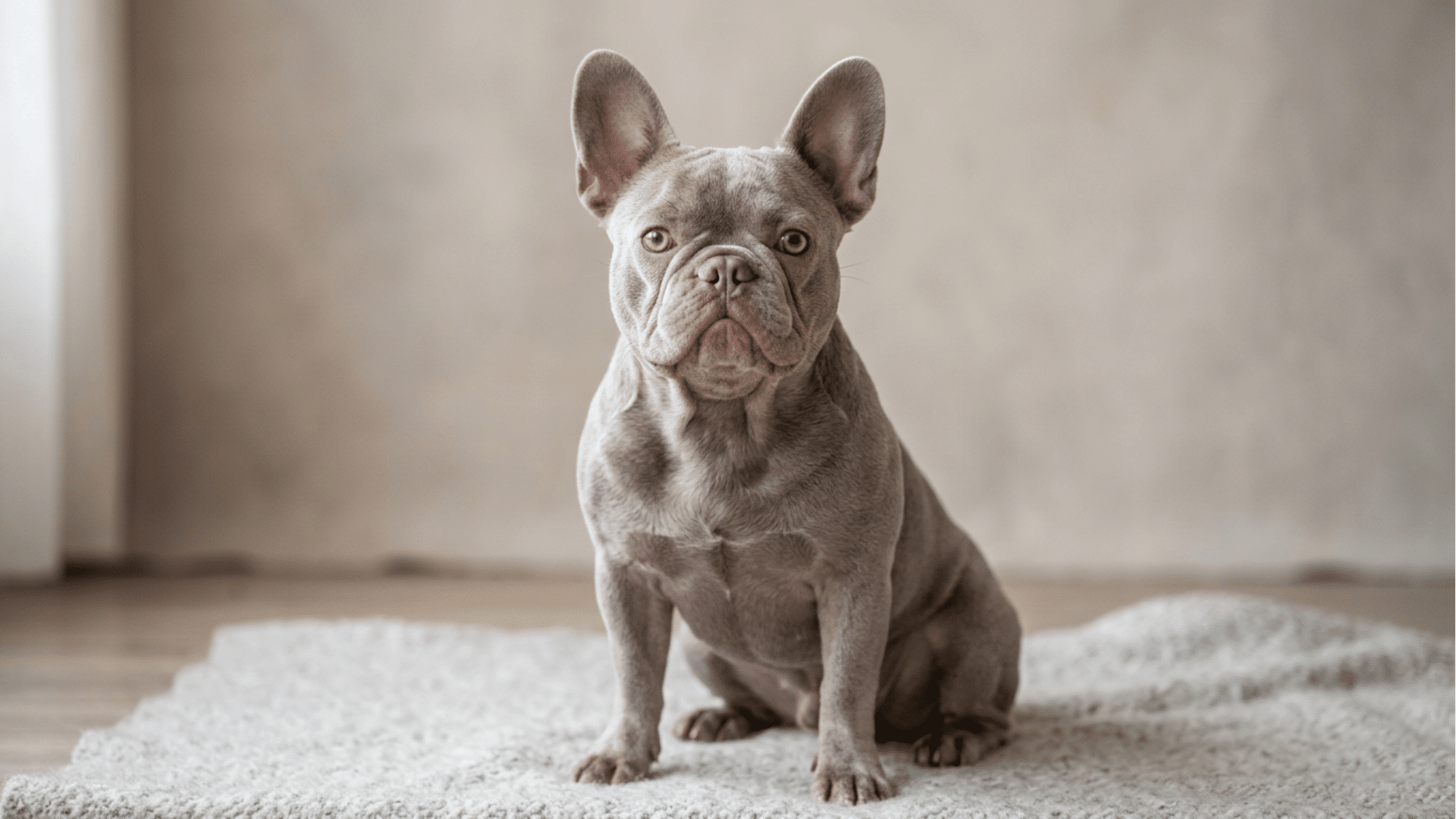 Lilac French Bulldog sitting on a soft rug indoors with a light gray coat and upright ears