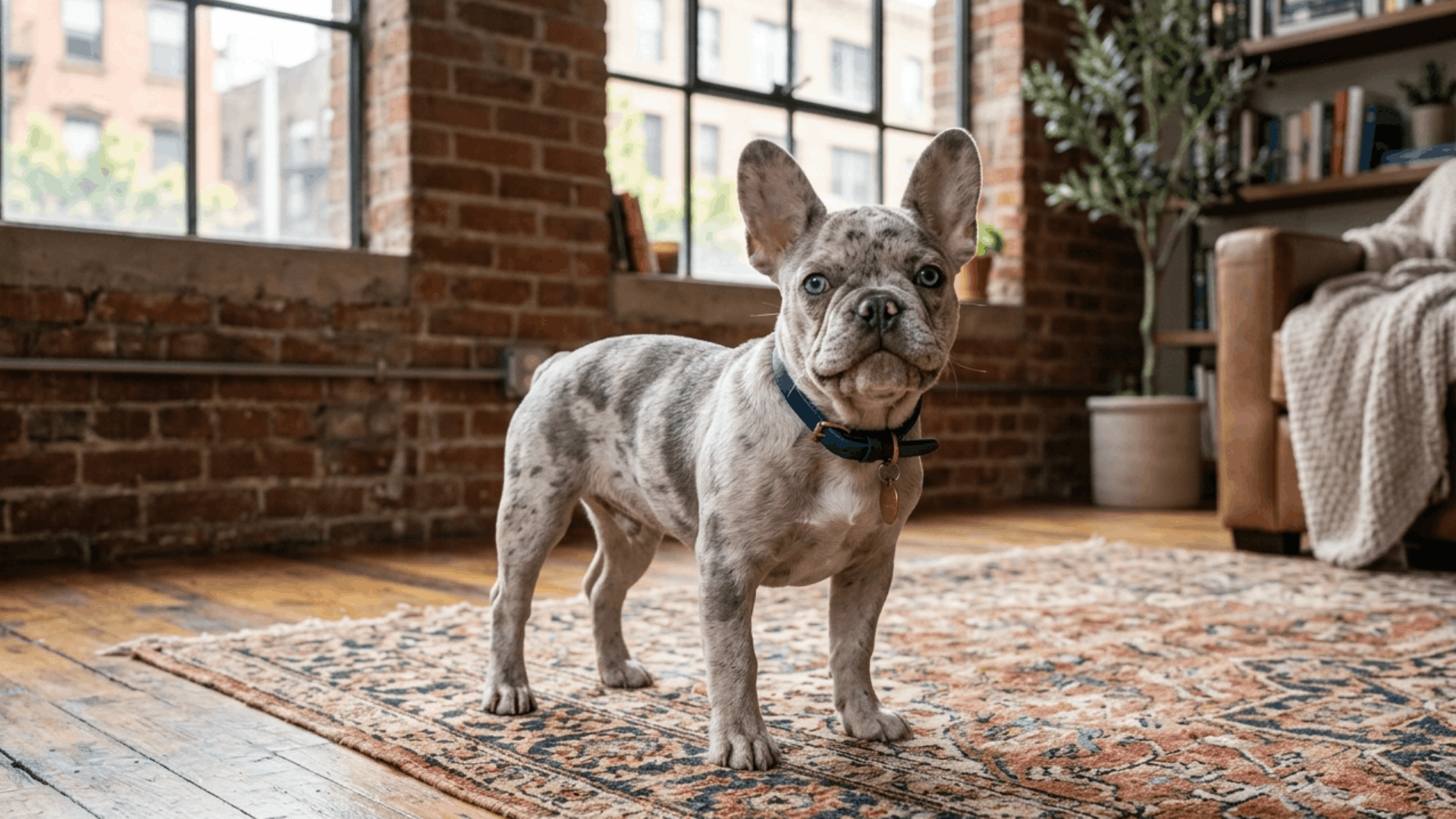 lilac Merle French Bulldog puppy standing on a rug in a brick-walled loft