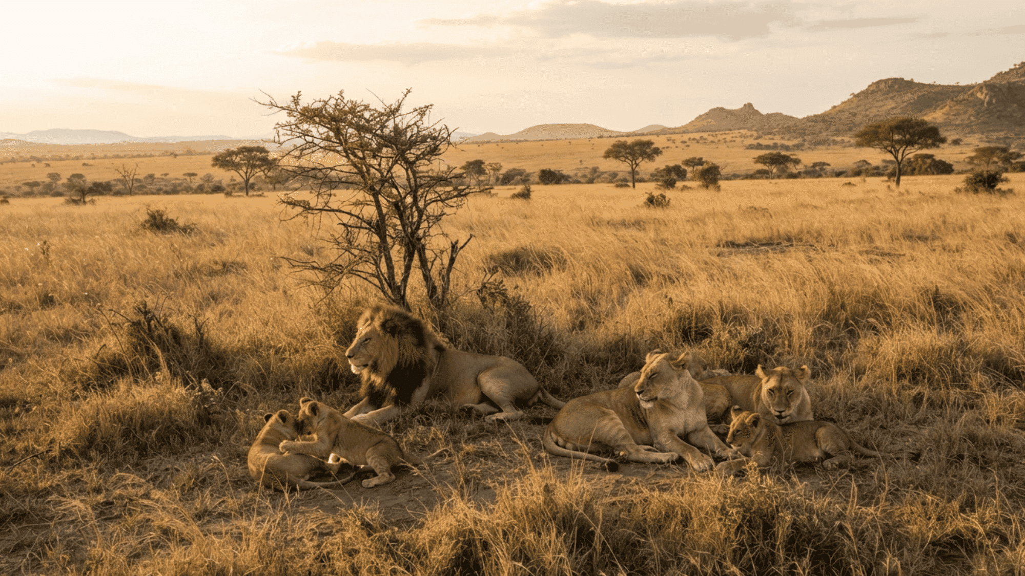 lion pride resting together in african savanna grassland with cubs during golden hour surrounded by open plains and acacia trees