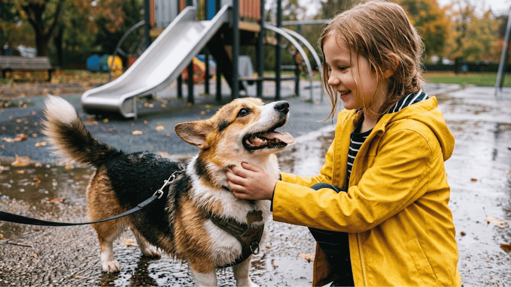 little girl gently petting a happy corgi dog at a playground creating a joyful bond during outdoor playtime (2)