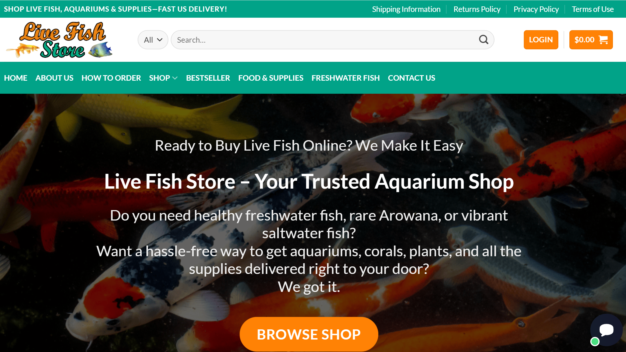live fish store website homepage screenshot showing aquarium fish varieties and aquatic supplies for fish keepers