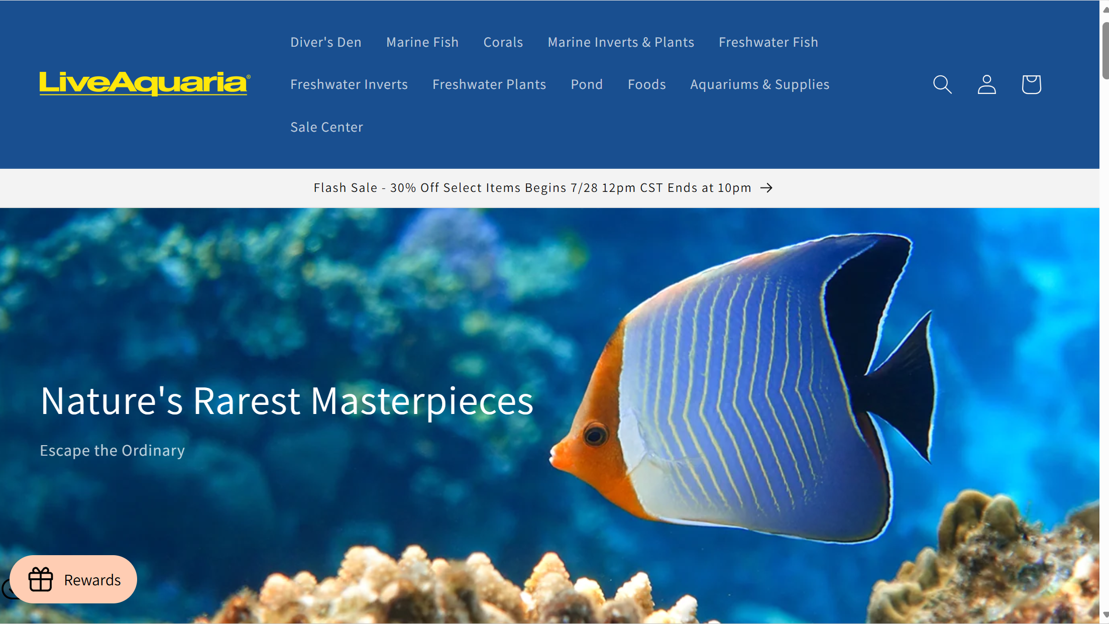 liveaquaria website homepage screenshot showing marine fish freshwater species and aquarium supplies for hobbyists