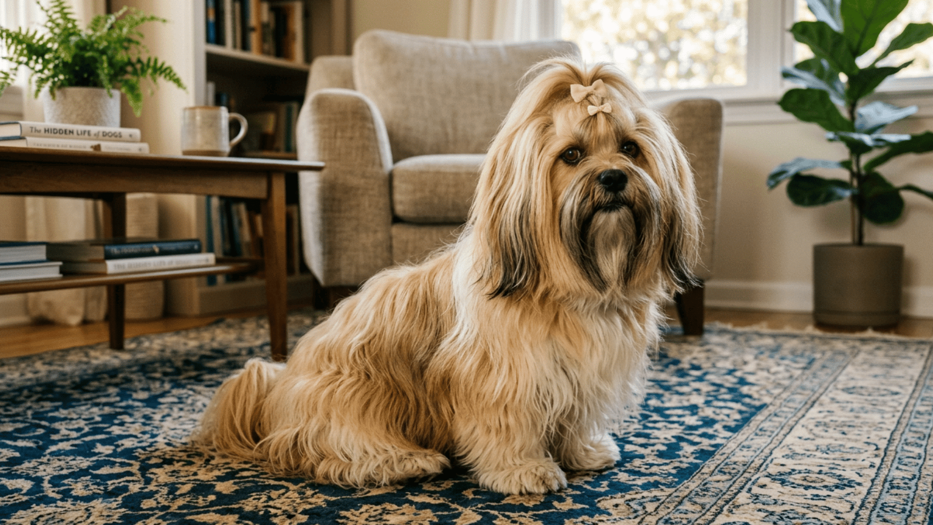 long-haired Lhasa Apso dog with a bow sitting on a patterned blue carpet