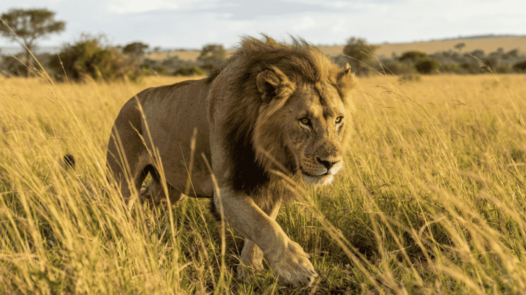 male lion walking through tall golden grass with a full mane and focused gaze across the open savanna during warm daylight
