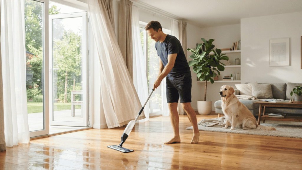 man mopping a hardwood floor while a golden retriever sits nearby in a clean bright living room