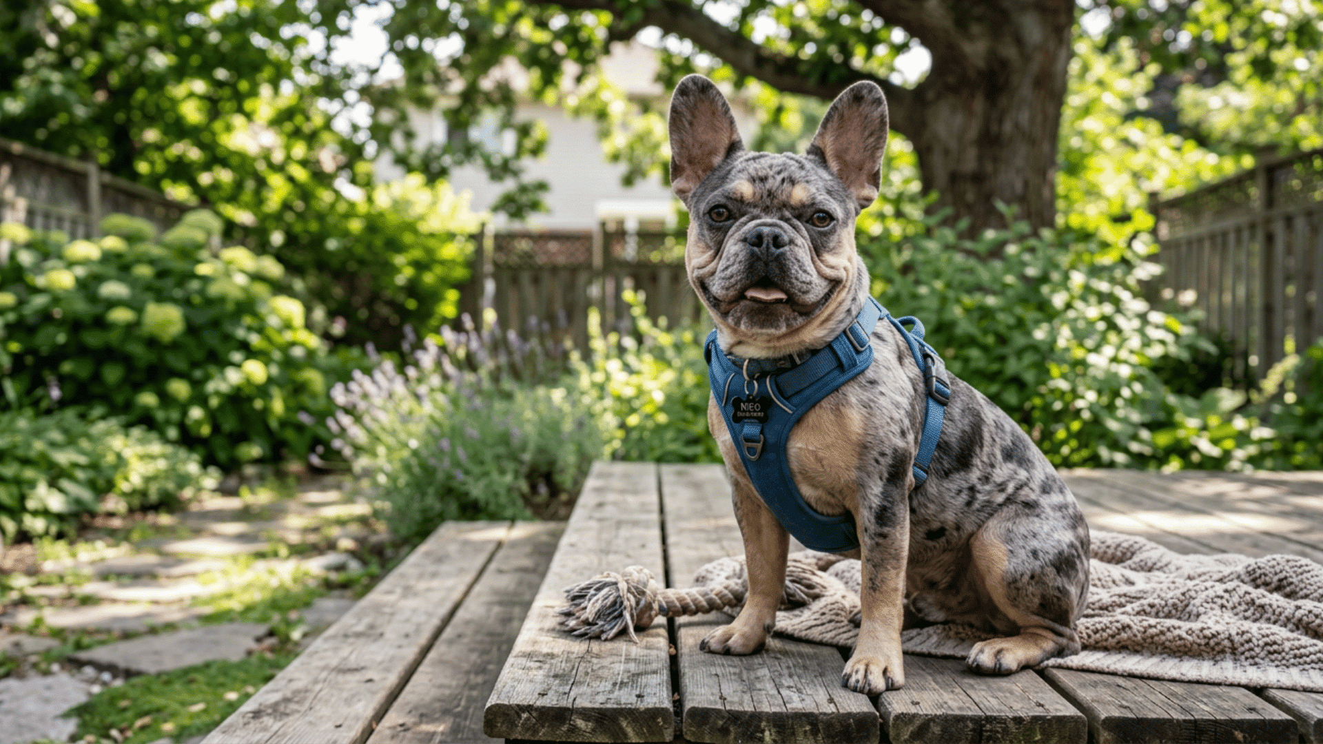 Merle French Bulldog wearing a blue harness sitting on a wooden table in a sunny garden