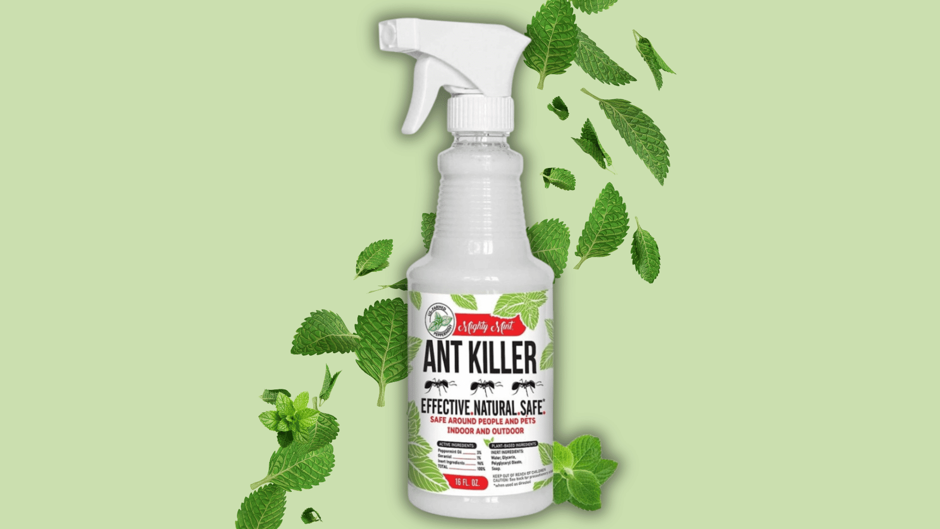 mighty mint peppermint oil ant killer spray bottle with mint leaves