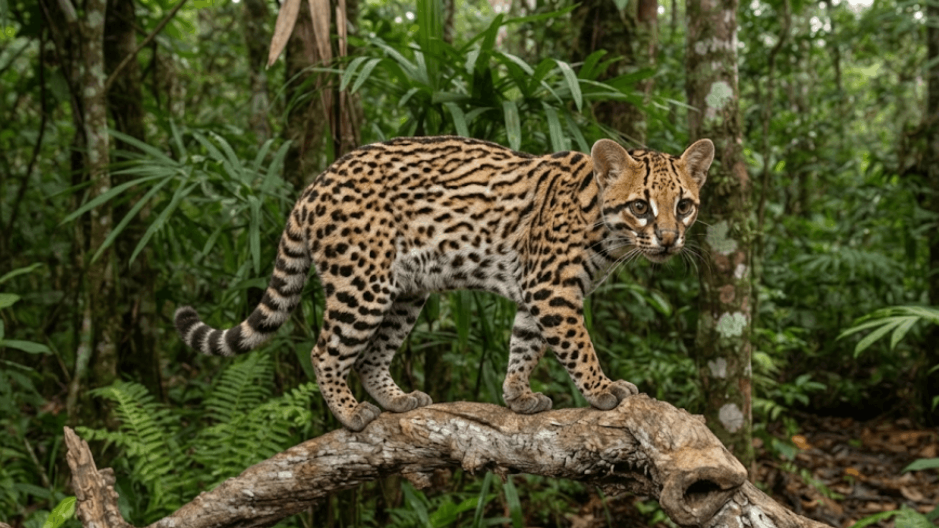 ocelot walking across a fallen tree branch in a dense tropical rainforest surrounded by lush green vegetation