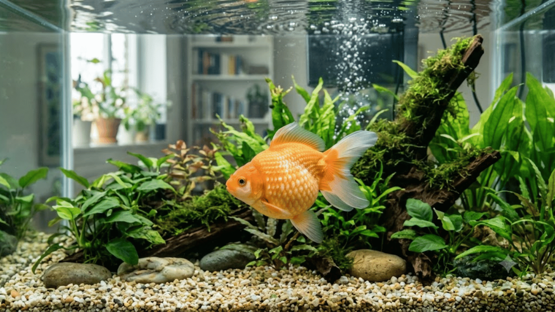 orange goldfish swimming in a planted aquarium with green aquatic plants driftwood smooth rocks and light gravel substrate