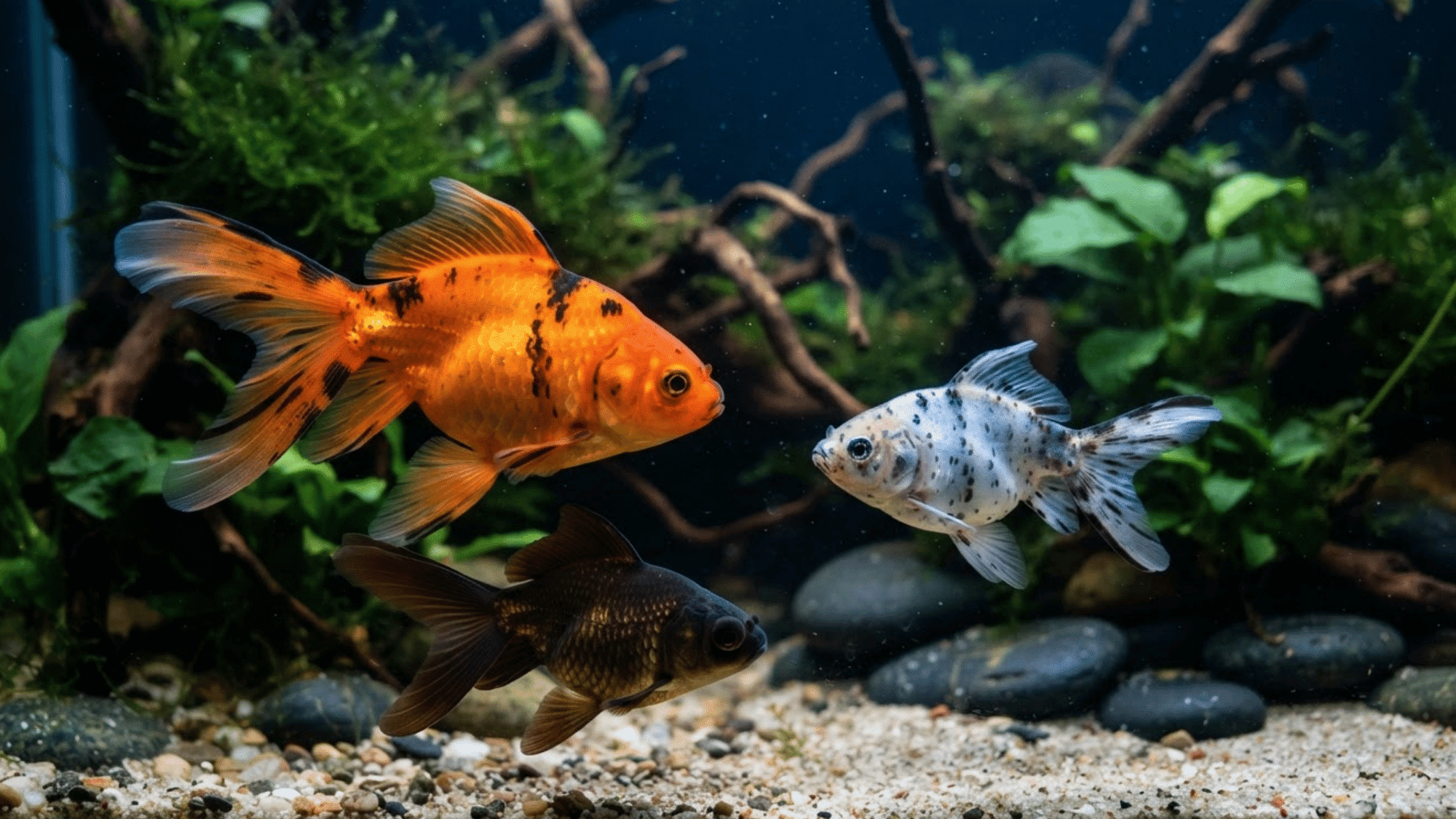 orange goldfish with black patches swimming alongside black and white goldfish in a planted freshwater aquarium